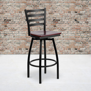 English Elm Commercial Grade Series Black Ladder Back Swivel Metal Barstool - Mahogany Wood Seat