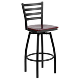 English Elm Commercial Grade Series Black Ladder Back Swivel Metal Barstool - Mahogany Wood Seat