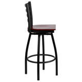 English Elm Commercial Grade Series Black Ladder Back Swivel Metal Barstool - Mahogany Wood Seat