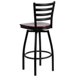 English Elm Commercial Grade Series Black Ladder Back Swivel Metal Barstool - Mahogany Wood Seat