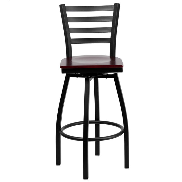 English Elm Commercial Grade Series Black Ladder Back Swivel Metal Barstool - Mahogany Wood Seat