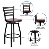 English Elm Commercial Grade Series Black Ladder Back Swivel Metal Barstool - Mahogany Wood Seat