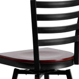 English Elm Commercial Grade Series Black Ladder Back Swivel Metal Barstool - Mahogany Wood Seat