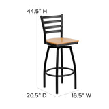 English Elm Commercial Grade Series Black Ladder Back Swivel Metal Barstool - Wood Seat