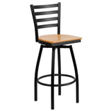 English Elm Commercial Grade Series Black Ladder Back Swivel Metal Barstool - Wood Seat