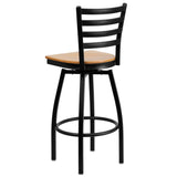 English Elm Commercial Grade Series Black Ladder Back Swivel Metal Barstool - Wood Seat