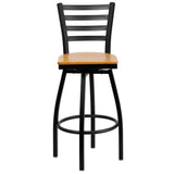 English Elm Commercial Grade Series Black Ladder Back Swivel Metal Barstool - Wood Seat