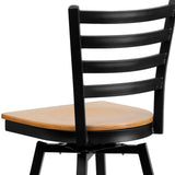 English Elm Commercial Grade Series Black Ladder Back Swivel Metal Barstool - Wood Seat