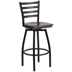 English Elm Commercial Grade Series Black Ladder Back Swivel Metal Barstool - Walnut Wood Seat