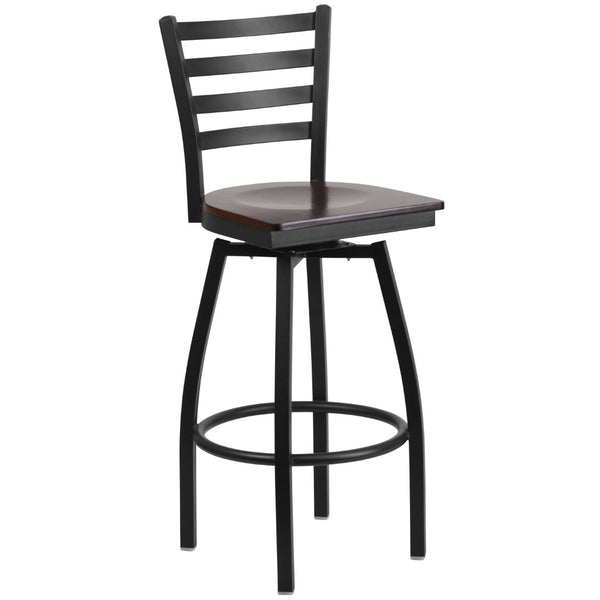 English Elm Commercial Grade Series Black Ladder Back Swivel Metal Barstool - Walnut Wood Seat