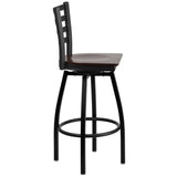 English Elm Commercial Grade Series Black Ladder Back Swivel Metal Barstool - Walnut Wood Seat