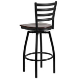 English Elm Commercial Grade Series Black Ladder Back Swivel Metal Barstool - Walnut Wood Seat