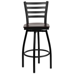 English Elm Commercial Grade Series Black Ladder Back Swivel Metal Barstool - Walnut Wood Seat