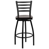 English Elm Commercial Grade Series Black Ladder Back Swivel Metal Barstool - Walnut Wood Seat