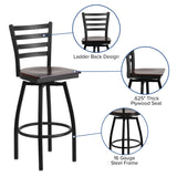 English Elm Commercial Grade Series Black Ladder Back Swivel Metal Barstool - Walnut Wood Seat