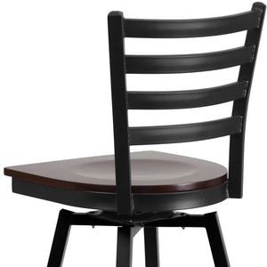 English Elm Commercial Grade Series Black Ladder Back Swivel Metal Barstool - Walnut Wood Seat