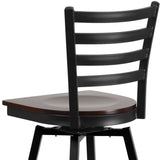 English Elm Commercial Grade Series Black Ladder Back Swivel Metal Barstool - Walnut Wood Seat