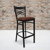 English Elm Commercial Grade Series Black ''X'' Back Metal Restaurant Barstool - Vinyl Seat