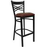 English Elm Commercial Grade Series Black ''X'' Back Metal Restaurant Barstool - Vinyl Seat