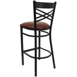 English Elm Commercial Grade Series Black ''X'' Back Metal Restaurant Barstool - Vinyl Seat