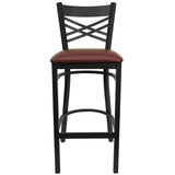 English Elm Commercial Grade Series Black ''X'' Back Metal Restaurant Barstool - Vinyl Seat