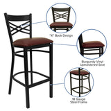 English Elm Commercial Grade Series Black ''X'' Back Metal Restaurant Barstool - Vinyl Seat