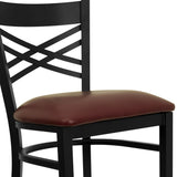 English Elm Commercial Grade Series Black ''X'' Back Metal Restaurant Barstool - Vinyl Seat