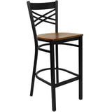 English Elm Commercial Grade Series Black ''X'' Back Metal Restaurant Barstool - Cherry Wood Seat