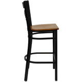 English Elm Commercial Grade Series Black ''X'' Back Metal Restaurant Barstool - Cherry Wood Seat