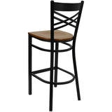 English Elm Commercial Grade Series Black ''X'' Back Metal Restaurant Barstool - Cherry Wood Seat