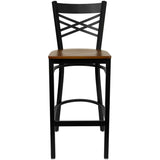 English Elm Commercial Grade Series Black ''X'' Back Metal Restaurant Barstool - Cherry Wood Seat