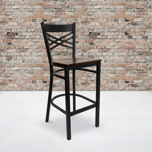 English Elm Commercial Grade Series Black ''X'' Back Metal Restaurant Barstool - Mahogany Wood Seat