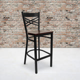 Commercial Grade Series Black ''X'' Back Metal Restaurant Barstool - Mahogany Wood Seat