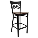 English Elm Commercial Grade Series Black ''X'' Back Metal Restaurant Barstool - Mahogany Wood Seat