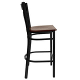 English Elm Commercial Grade Series Black ''X'' Back Metal Restaurant Barstool - Mahogany Wood Seat