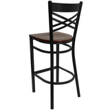 English Elm Commercial Grade Series Black ''X'' Back Metal Restaurant Barstool - Mahogany Wood Seat