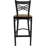 English Elm Commercial Grade Series Black ''X'' Back Metal Restaurant Barstool - Mahogany Wood Seat