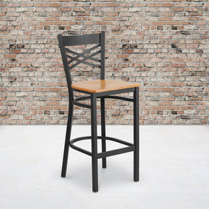 English Elm Commercial Grade Series Black ''X'' Back Metal Restaurant Barstool - Wood Seat