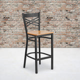 Commercial Grade Series Black ''X'' Back Metal Restaurant Barstool - Wood Seat