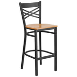 English Elm Commercial Grade Series Black ''X'' Back Metal Restaurant Barstool - Wood Seat