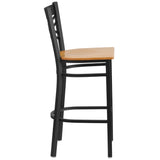 English Elm Commercial Grade Series Black ''X'' Back Metal Restaurant Barstool - Wood Seat