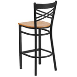 English Elm Commercial Grade Series Black ''X'' Back Metal Restaurant Barstool - Wood Seat