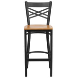 English Elm Commercial Grade Series Black ''X'' Back Metal Restaurant Barstool - Wood Seat