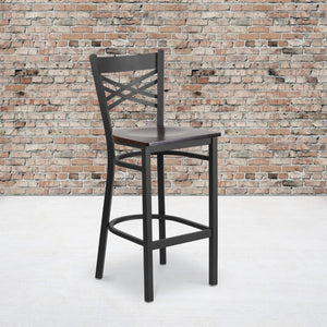 English Elm Commercial Grade Series Black ''X'' Back Metal Restaurant Barstool - Walnut Wood Seat