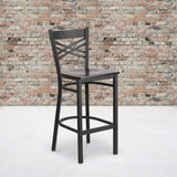 English Elm Commercial Grade Series Black ''X'' Back Metal Restaurant Barstool - Walnut Wood Seat