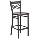 English Elm Commercial Grade Series Black ''X'' Back Metal Restaurant Barstool - Walnut Wood Seat