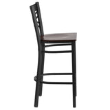 English Elm Commercial Grade Series Black ''X'' Back Metal Restaurant Barstool - Walnut Wood Seat