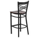 English Elm Commercial Grade Series Black ''X'' Back Metal Restaurant Barstool - Walnut Wood Seat