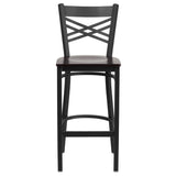 English Elm Commercial Grade Series Black ''X'' Back Metal Restaurant Barstool - Walnut Wood Seat