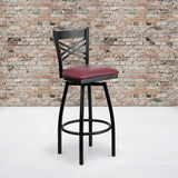 English Elm Commercial Grade Series Black ''X'' Back Swivel Metal Barstool - Vinyl Seat